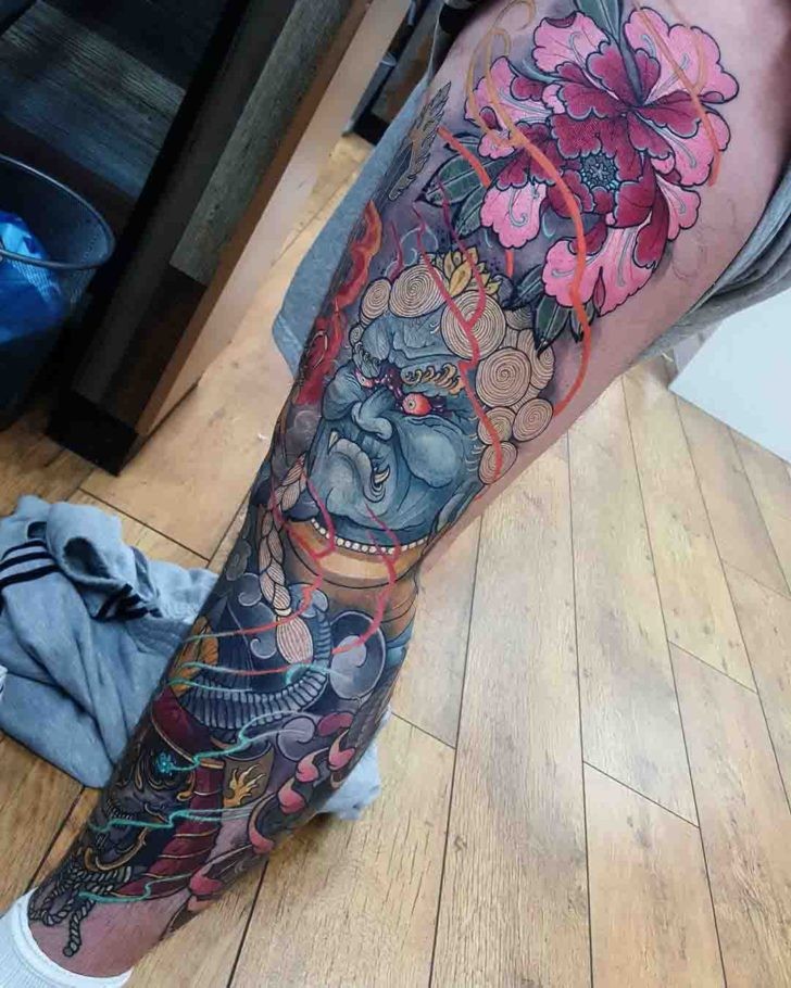 Neo japanese style colored whole leg tattoo of demon with various flowers