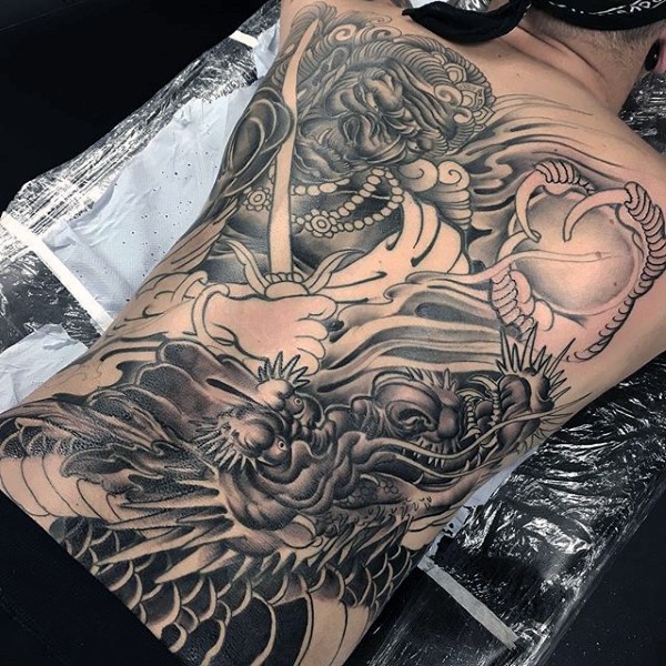 Neo japanese style detailed whole back tattoo of demonic monsters