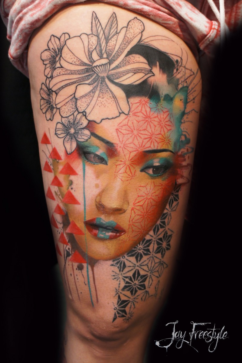 Neo Japanese Style Half Colored Thigh Tattoo Of Woman Face With Ornaments And Flower Tattooimages Biz