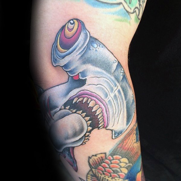Neo traditional colored forearm tattoo of evil hammerhead shark