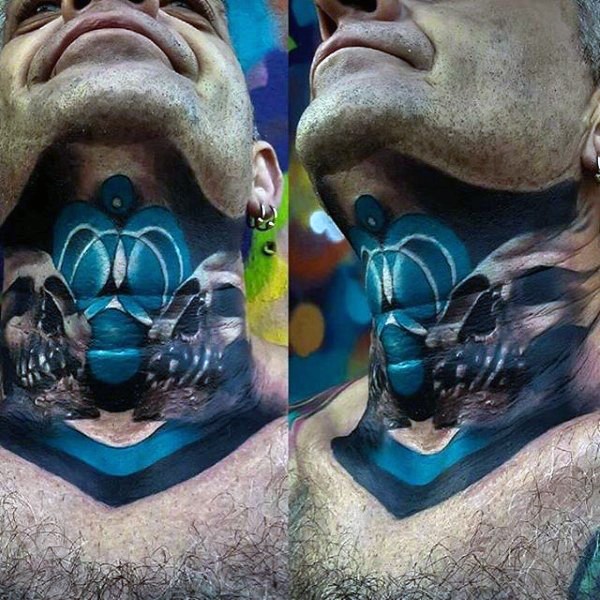 Neo traditional colored neck tattoo of human skulls