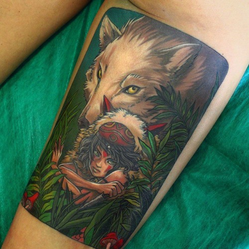 Neo traditional colored thigh tattoo of wild woman with big white wolf