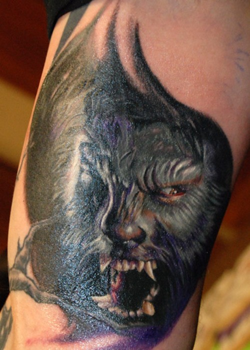 Neo traditional colored werewolf tattoo on arm