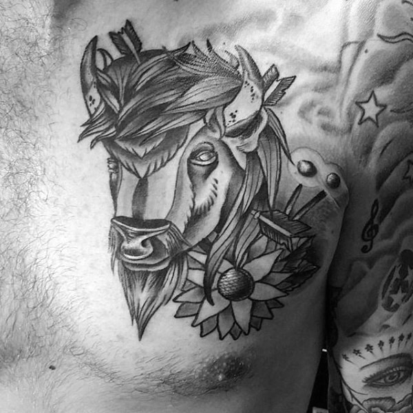 Neo traditional style black ink chest tattoo of bull with flower