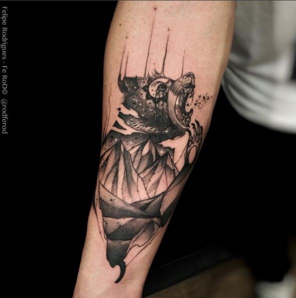 Neo traditional style black ink forearm tattoo of roaring bear