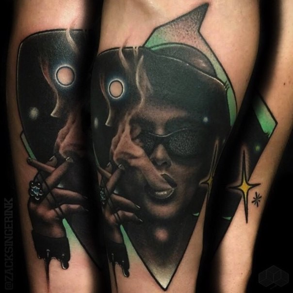 Neo traditional style colored arm tattoo of smoking witch in glasses