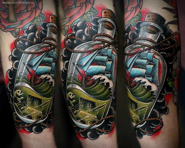 Neo traditional style colored arm tattoo of big bottle with sailing ship and skeleton