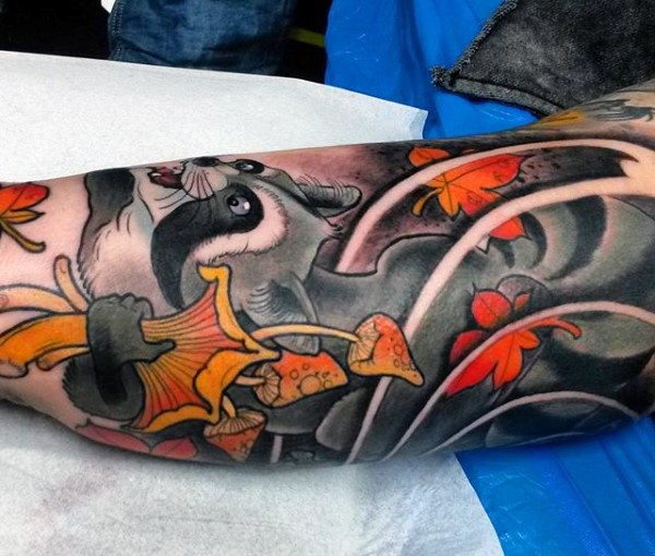 Neo traditional style colored arm tattoo of raccoon with mushrooms and feather
