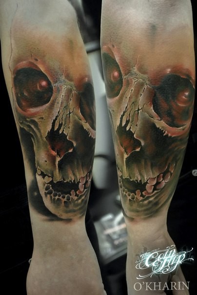Neo traditional style colored arm tattoo of mystical skull
