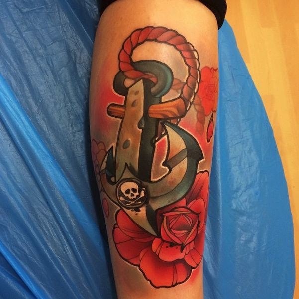 Neo traditional style colored arm tattoo of pirate anchor with rope and flowers