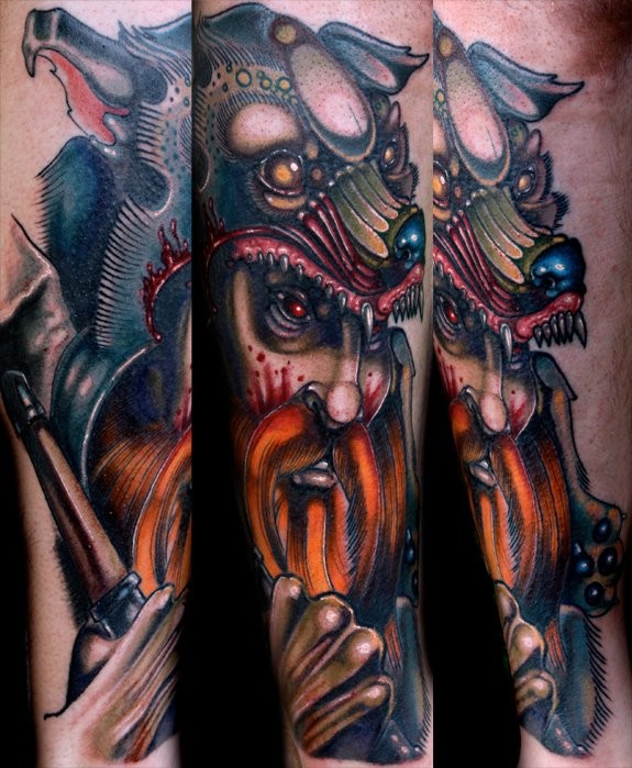 Neo traditional style colored arm tattoo of fantasy wizard with helmet