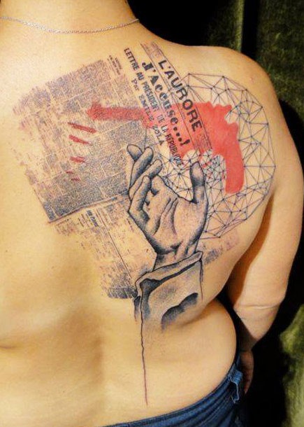 Neo traditional style colored back tattoo of human hand with paper