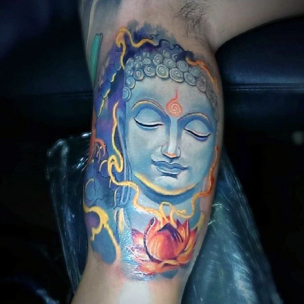 Neo traditional style colored biceps tattoo of mystical Buddha statue and lotus flower