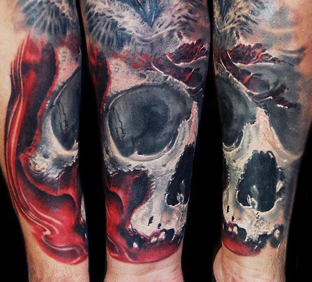 Neo traditional style colored bloody skull with feather