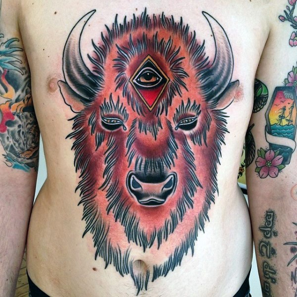 Neo traditional style colored chest and belly tattoo of demonic bull with mystic eye