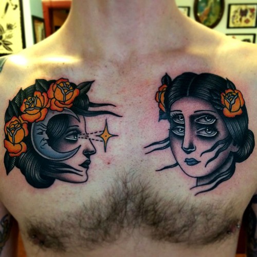 Neo traditional style colored chest tattoo of mystical woman faces with flowers and moon