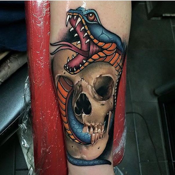 Neo traditional style colored forearm tattoo of snake with ...