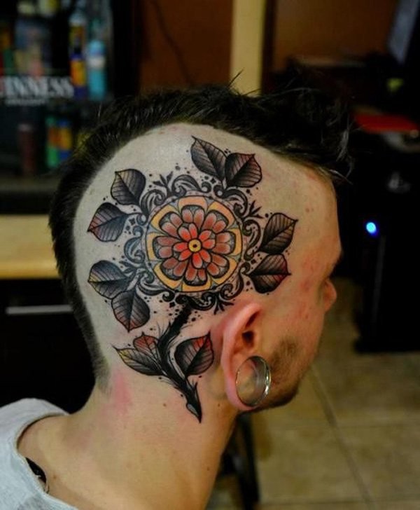 Neo traditional style colored head tattoo of beautiful flower with leaves