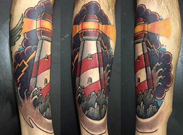 Neo traditional style colored leg tattoo of lighthouse and lightning