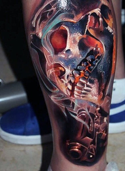 Neo traditional style colored leg tattoo of steamy skull and pistol
