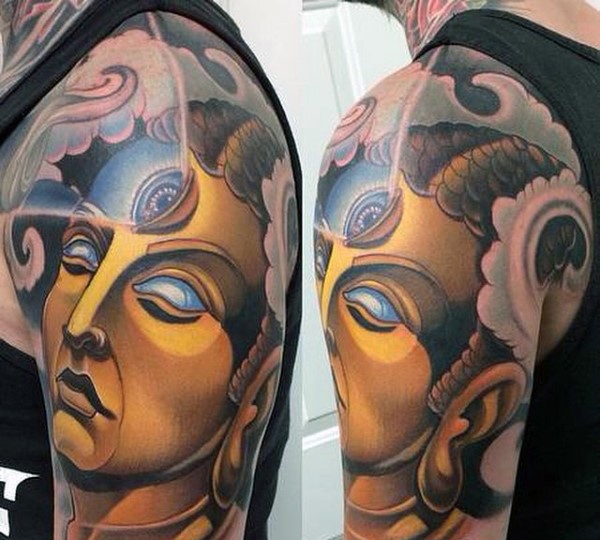 Neo traditional style colored mystical statue tattoo on shoulder