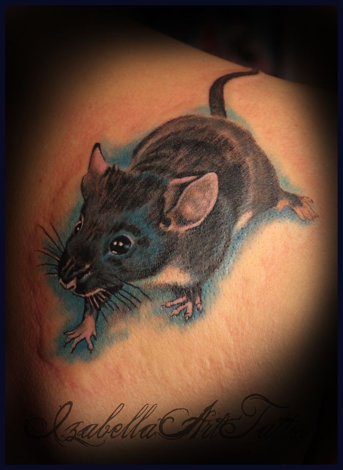 Neo traditional style colored scapular tattoo of small cute mouse