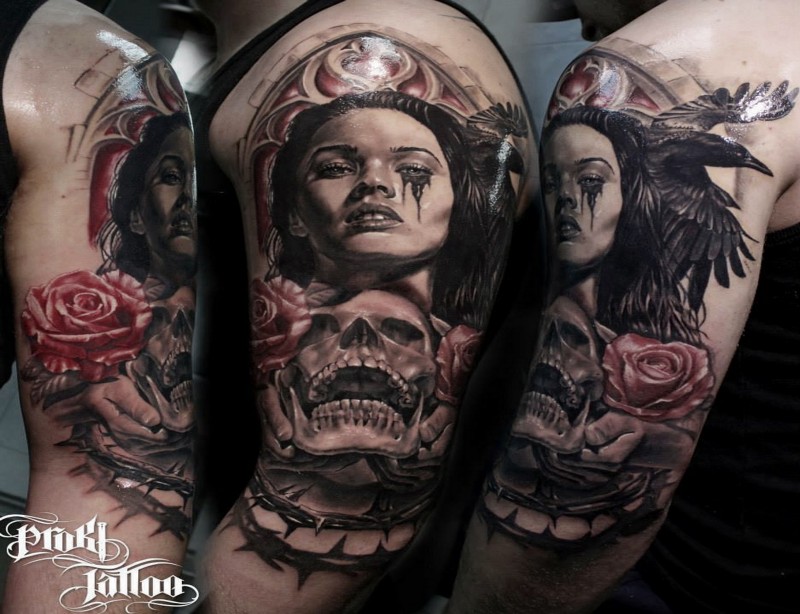 Neo traditional style colored shoulder tattoo of crying woman with skull, crow and roses