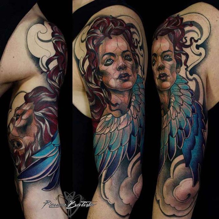 Neo traditional style colored shoulder tattoo of angel woman and wings
