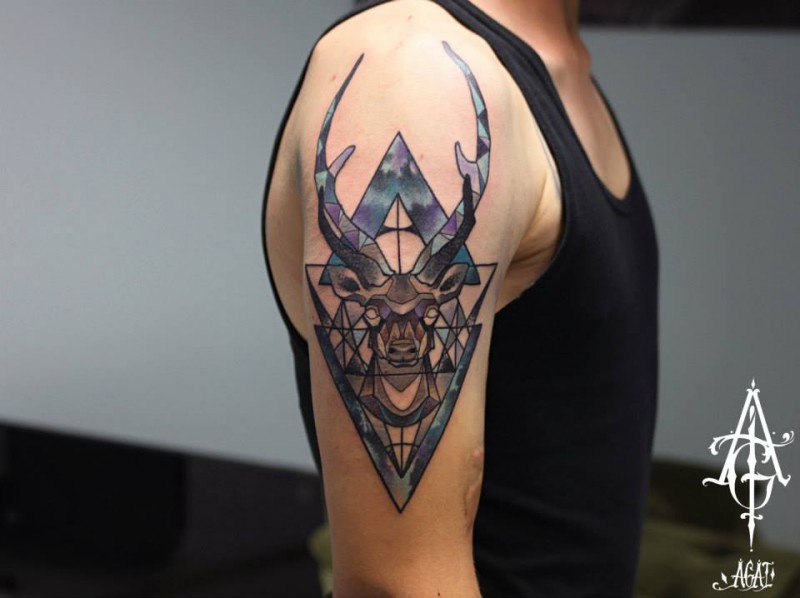 Neo traditional style colored shoulder tattoo of deer skull and triangles
