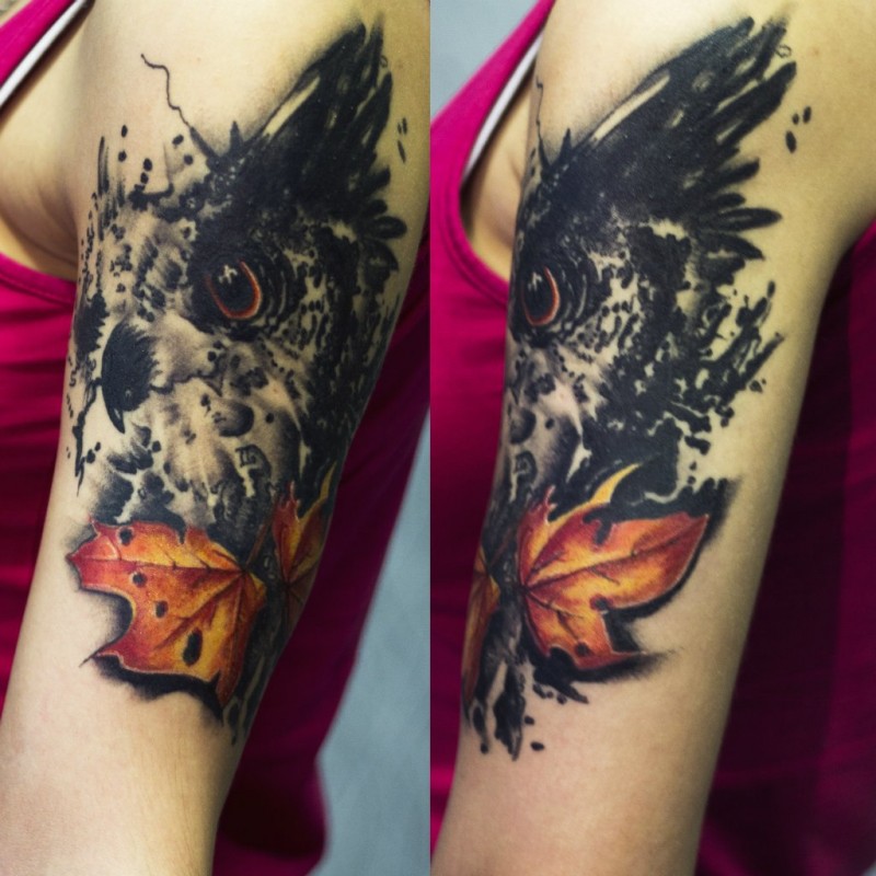 Neo traditional style colored shoulder tattoo of owl with maple leaf