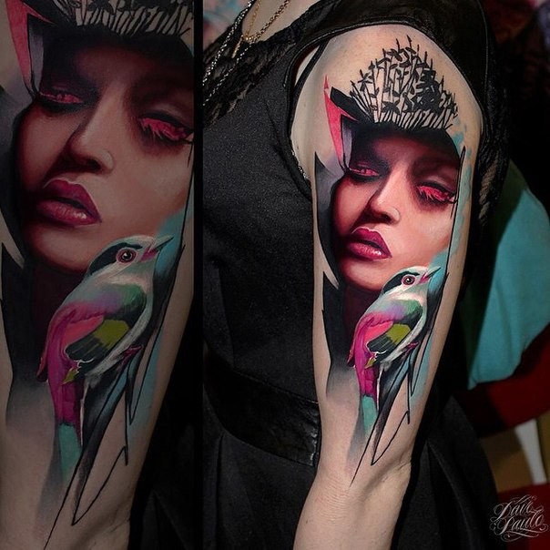 Neo traditional style colored shoulder tattoo of woman with little bird