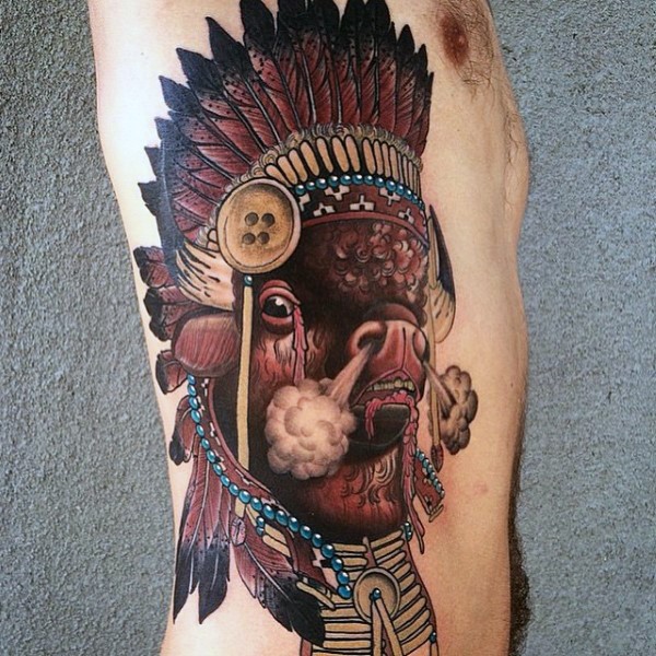 Neo traditional style colored side tattoo of Indian steamy bull with helmet