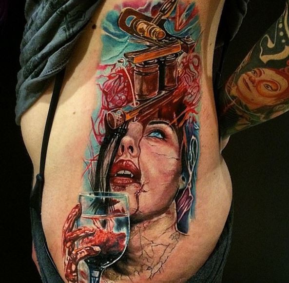 Neo traditional style colored side tattoo of bloody woman vampire with glass
