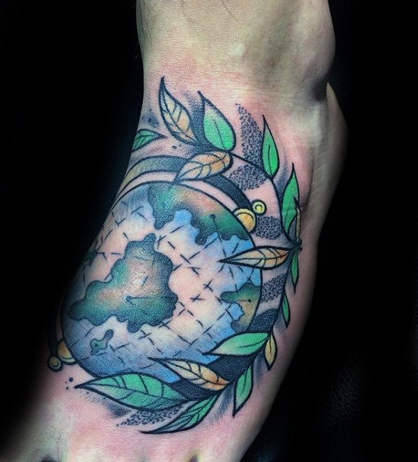 Neo traditional style colored tattoo of globe with leaves
