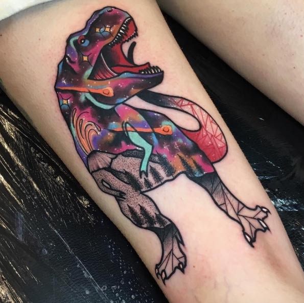 Neo traditional style colored thigh tattoo of dinosaur with stars