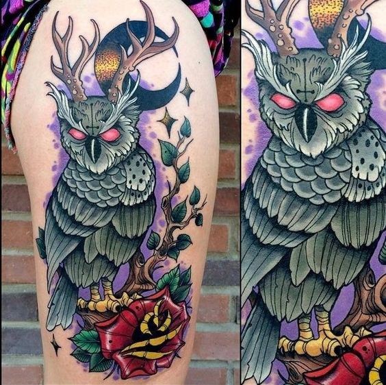 Neo traditional style colored thigh tattoo of demonic owl and rose
