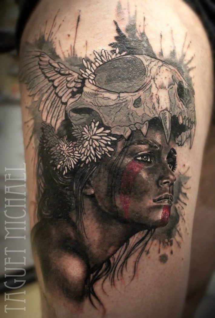 Neo traditional style colored thigh tattoo of tribal woman with animal skull helmet