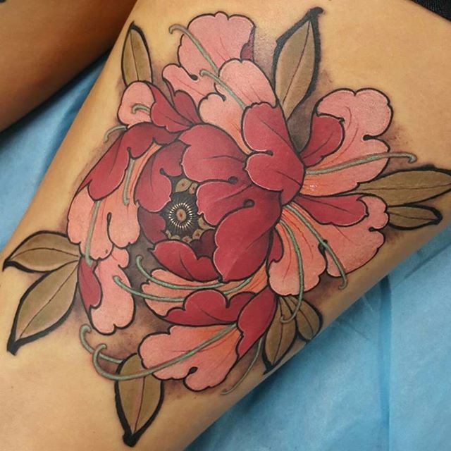 neo traditional style colored thigh tattoo of beautiful flower