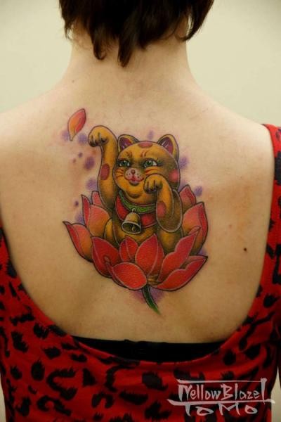 Neo traditional style colored upper back tattoo of cute cat with flower