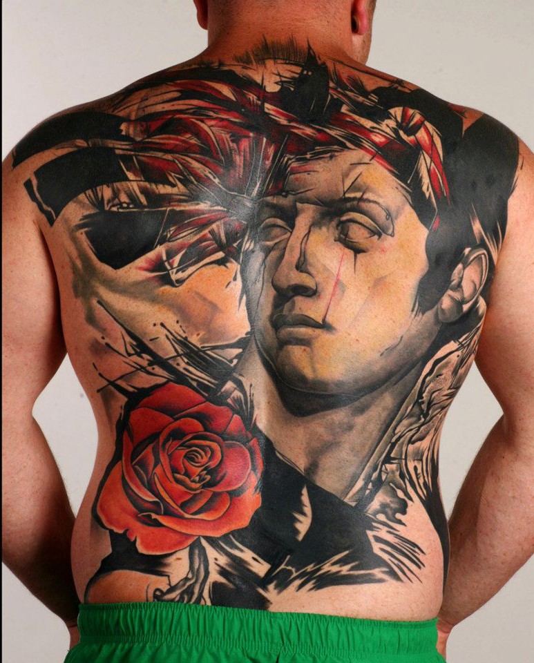 Neo traditional style colored whole back tattoo of big statue and rose