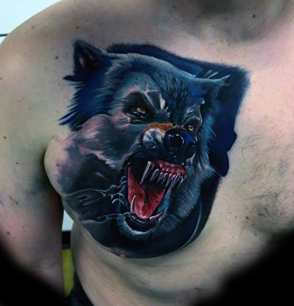 Neo traditioneller Stil detailliertes präzis gemaltes Brust Tattoo mit bösem dämonischem Wolf