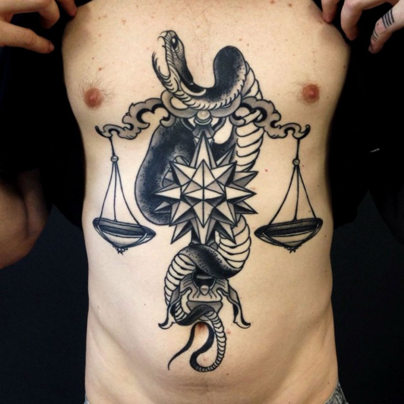 Neo traditional style detailed chest and belly tattoo of libra with snake