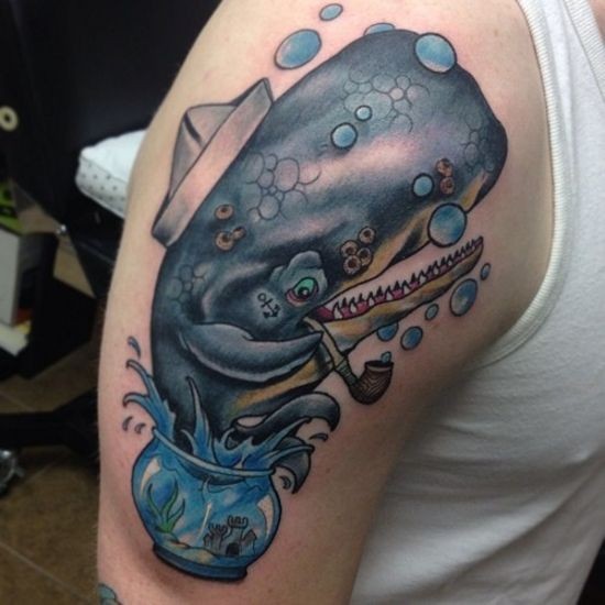 New school blue  whale tattoo on shoulder