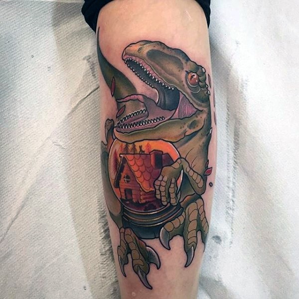 New school colored arm tattoo of dinosaur stylized forest burning house