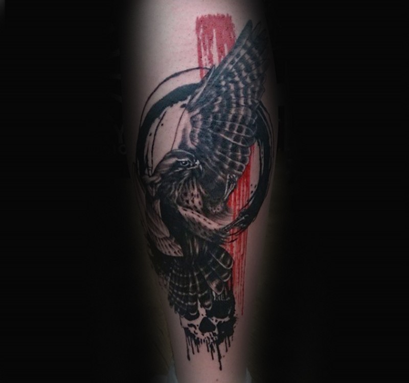 New school colored leg tattoo of eagle with skull and red line
