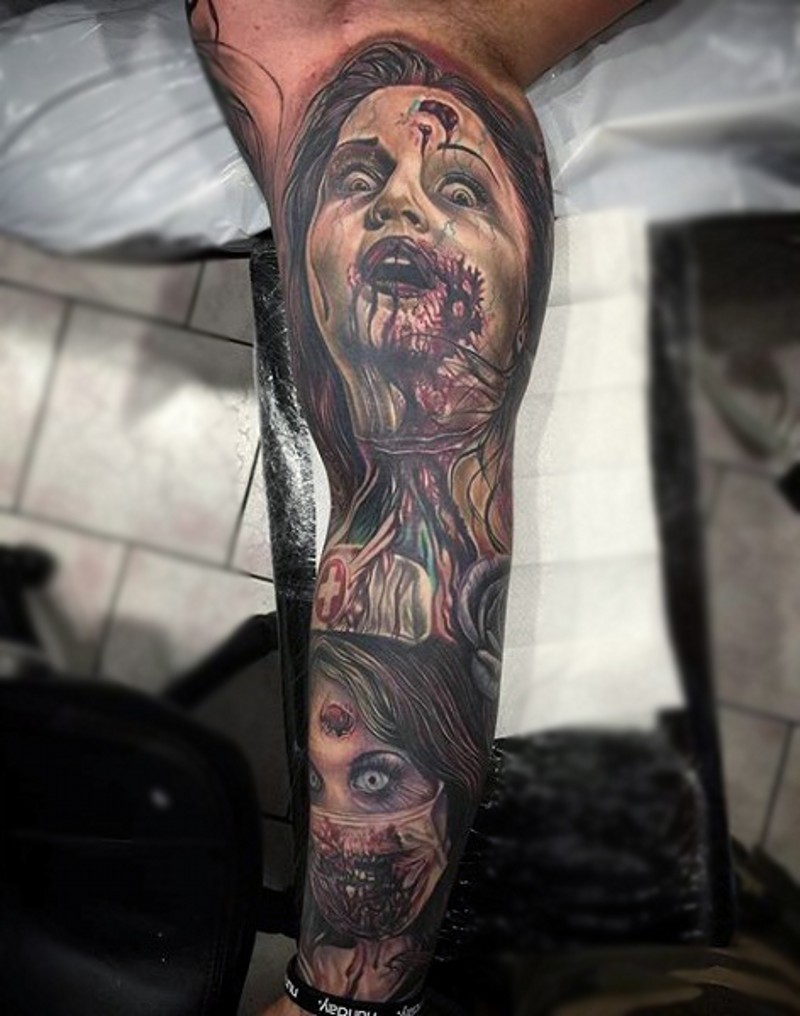 Neue Schule farbiges Ärmel Tattoo von erschreckenden Zombie Krankenschwestern