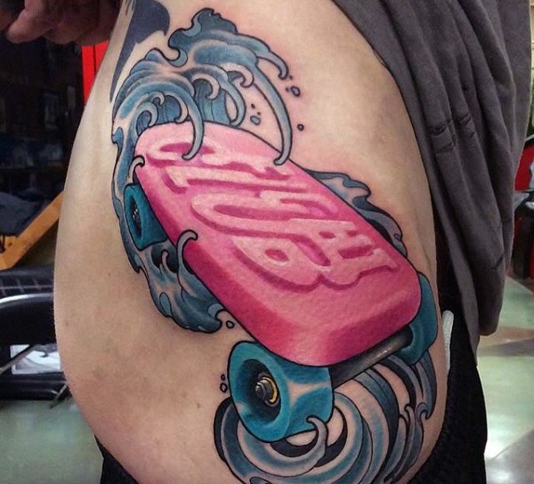 New school colored thigh tattoo of funny looking skateboard