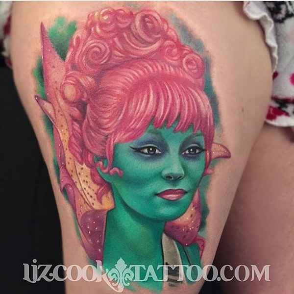 New school colored very detailed thigh tattoo of Tinkerbell