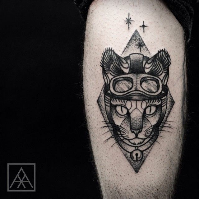 New school dot style leg tattoo of cat with helmet and stars