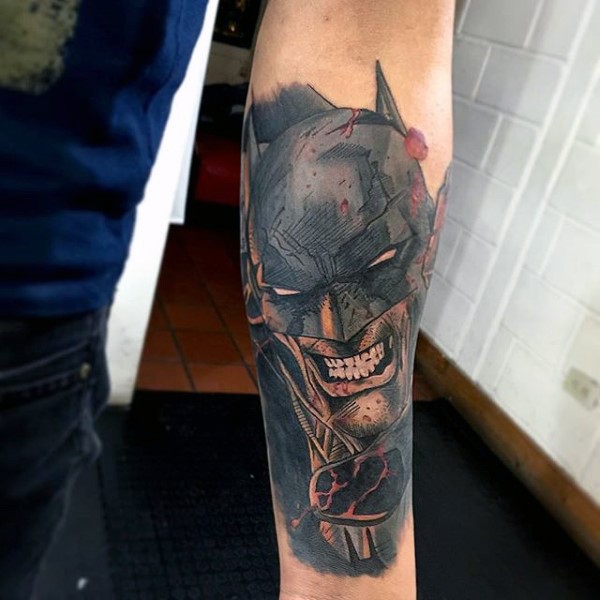 New school illustrative style angry Batman tattoo on shoulder